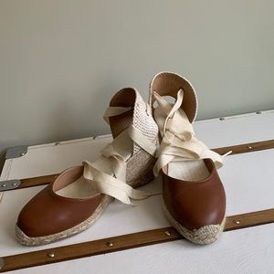 Brown leather espadrille sandals, size 8